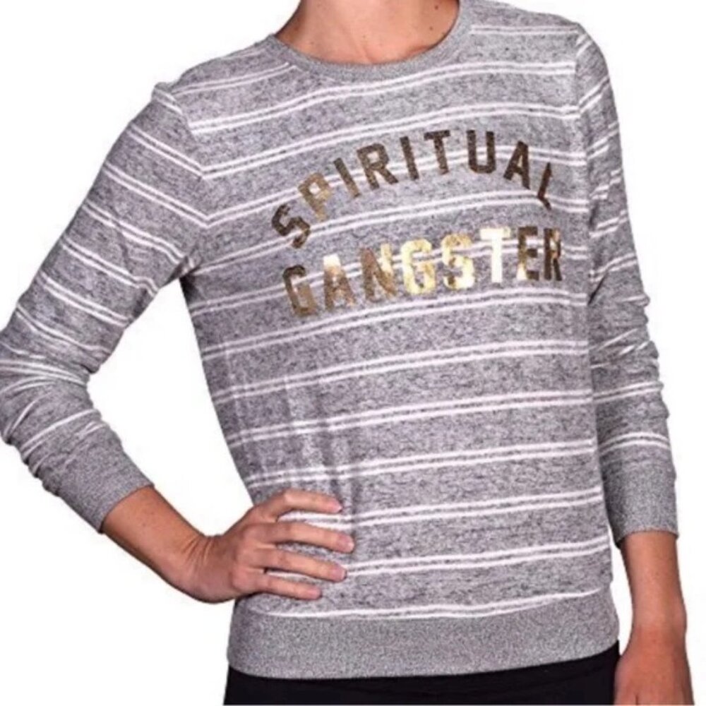 Spiritual Gangster Collegiate Arch Metallic Striped Crewneck Sweater - Size S
